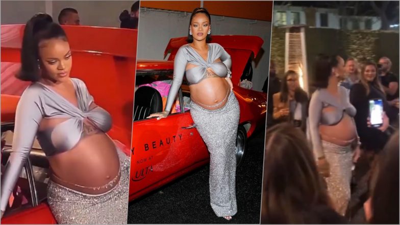 Pregnant Rihanna Sparkles in Silver for Fenty Beauty Launch at Ulta