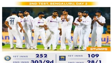 Sports News | Ind Vs SL, 2nd Test (D/N): An Uphill Task for Visitors as Hosts Set a Massive Target (Stumps, Day-2)