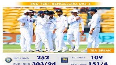 Sports News | Ind Vs SL, 2nd Test (D/N): Hosts Inch Closer to Series Sweep as Bowlers Bag Three Wickets in First Session (Tea, Day-3)