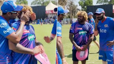 IPL 2022: Lasith Malinga Catches Up With Former Mumbai Indians Teammates Jasprit Bumrah and Suryakumar Yadav (Watch Video)