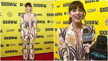 Dakota Johnson Goes Bold in a Printed Gucci Suit With a Sexy Nude Coloured Bodysuit