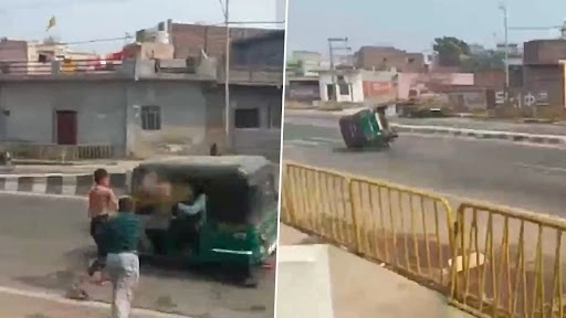 Speeding Autorickshaw Overturns as Locals Throw Water Balloons at Three-wheeler in Baghpat