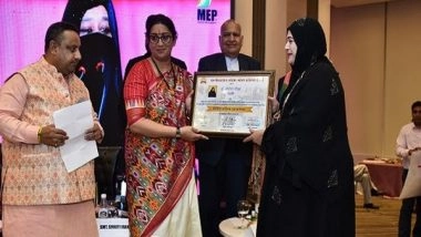 Business News | Union Minister Smriti Irani Confers 'Vishishta Mahila Ratna Samman' to Entrepreneur Nowhera Shaik
