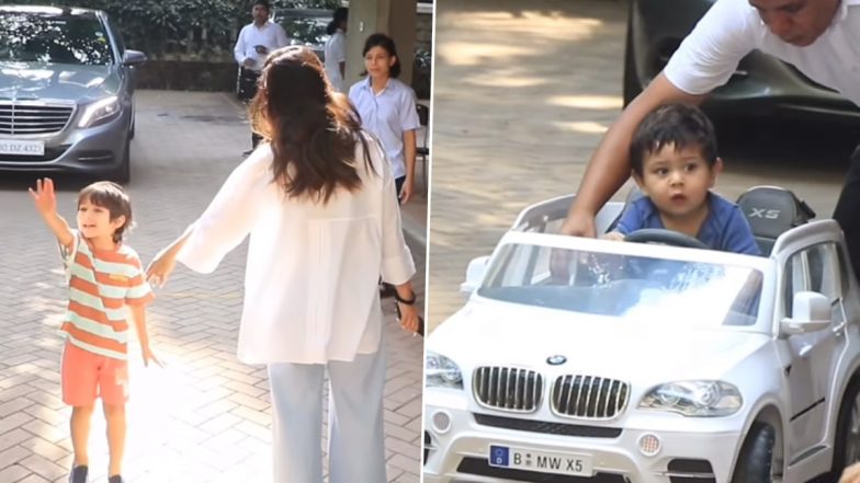 Taimur Ali Khan Tells Paparazzi ‘Band Karo’, Jeh Arrives in a Little Car To Pose for Paps (Watch Video)