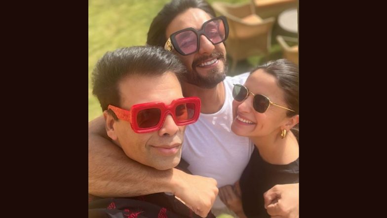 Rocky Aur Rani Ki Prem Kahani: Alia Bhatt and Karan Johar Recieve a ‘Rocky Hug’ From Ranveer Singh on the Sets of Their Upcoming Film (View Pic)