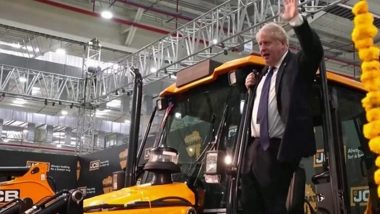 British PM Boris Johnson Jumps Onto Bulldozer At Gujarat JCB Factory, Viral Picture Sparks Meme Galore on Social Media