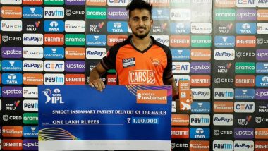 Umran Malik Wins 7th Consecutive 'Swiggy Instamart Fastest Delivery of the Match' Award in IPL 2022