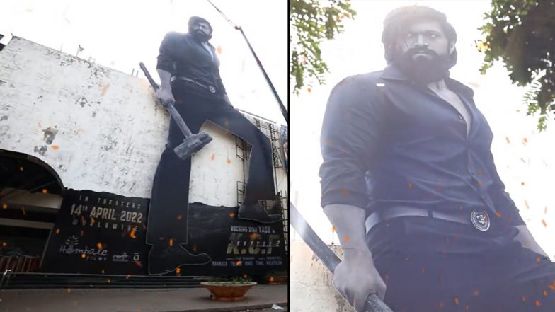 KGF Chapter 2: Mumbai Theatre Witnesses a 100 Feet Poster of Rocking Star Yash Ahead of the Film’s Release