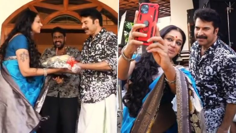 CBI 5 - The Brain: Nagavalli Meets Sethurama Iyer! Shobana Drops on the Sets of Mammootty's Film and Sparks Cameo Rumours (Watch Video)