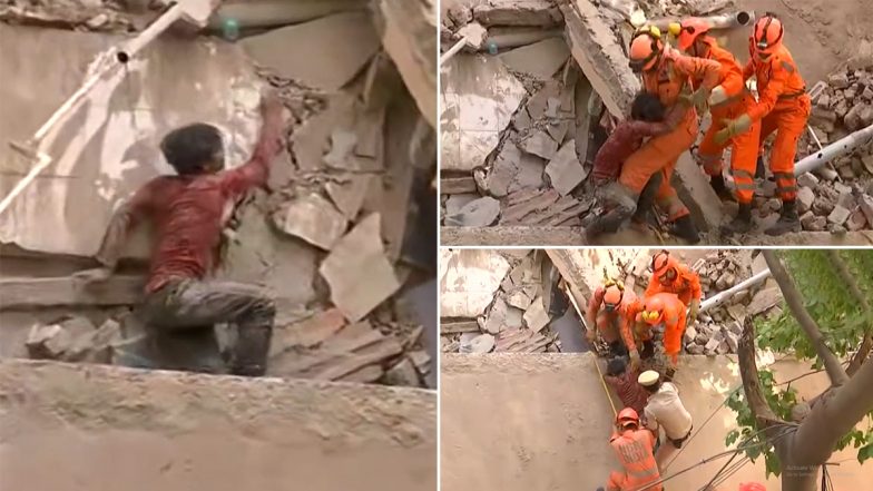 Delhi: NDRF Personnel Rescue One Person From Debris of Satya Niketan Building Collapse (Watch Video)