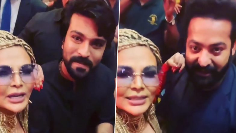 Rakhi Sawant Interacts With Ram Charan and Jr NTR at RRR’s Success Party in Mumbai (Watch Viral Video)