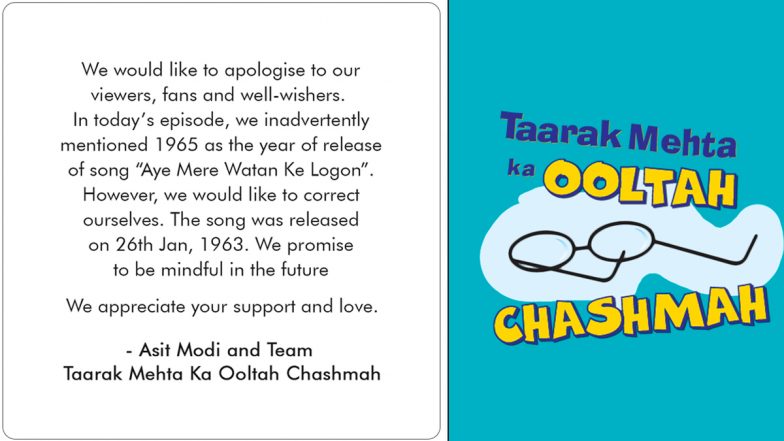 TMKOC Makers Apologises for Mentioning Wrong Year of Lata Mangeshkar’s Iconic Song ‘Aye Mere Watan Ke Logon’