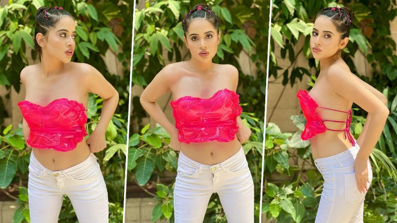 Urfi Javed Goes Bold Again as She Wears a Sultry DIY Plastic Top With White Jeans (View Pics)