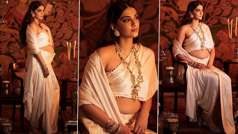 Sonam Kapoor Flaunts Her Baby Bump in a Mesmerising White Abu Jani Sandeep Khosla Ensemble and Statement Jewellery (View Pics)