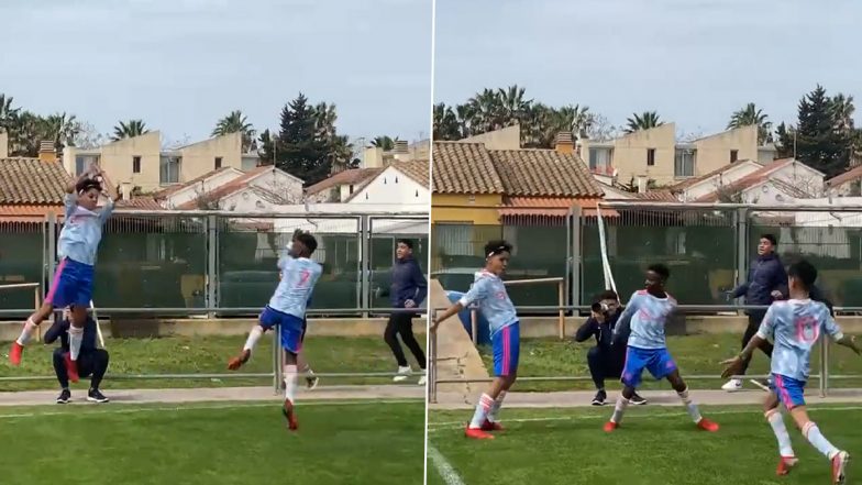 Cristiano Ronaldo’s Son Replicates Father’s Iconic ‘SIUUU’ Celebration After Scoring for Manchester United Youth Team (Watch Video)