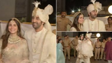 Alia Bhatt and Ranbir Kapoor Greet Media Post the Wedding Rituals, Actor Lifts His Wife and Takes Her Inside the House (Watch Video)