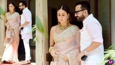 Ranbir Kapoor-Alia Bhatt Wedding: Kareena Kapoor Khan and Hubby Saif Ali Khan Look Perfect in Baby Pink Indian Attire (View Pics)