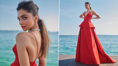 Cannes 2022: Deepika Padukone Slays Red Carpet in Louis Vuitton's Scarlet Gown For Day 3 of The Film Festival (View Pics) 