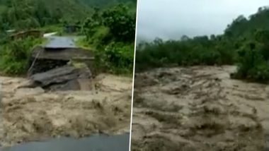 Assam Rains: Portion of Road Washed Away in Dima Hasao (Watch Video)