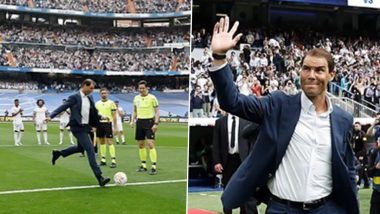 Rafael Nadal Takes Honorary Kick-Off During Real Madrid vs Espanyol; Congratulates Los Blancos On La Liga Title Win