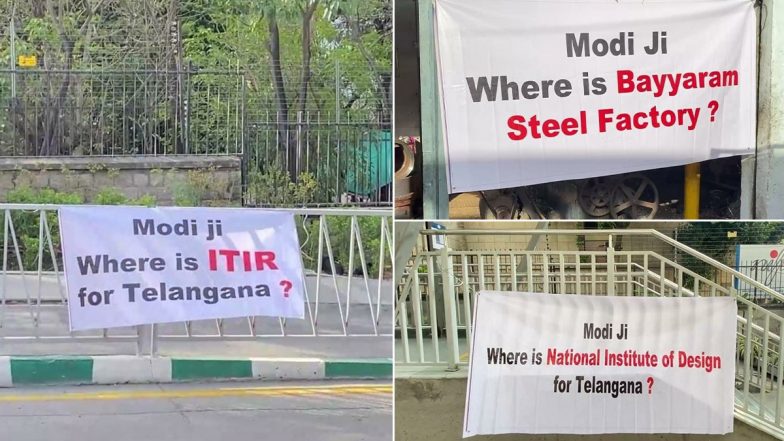 TRS Banners with 17 Questions Greet PM Narendra Modi in Hyderabad