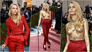 Cara Delevingne Goes Topless at Met Gala 2022 Red Carpet, View Actor-Model’s Red Dior Haute Couture Suit With Tails