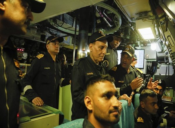 India News | Rajnath Singh Takes Sea Sortie in INS Khanderi Submarine in Arabian Sea