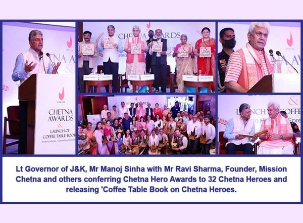 Business News | J-K Lt Governor Conferred Awards to Chetna Heroes and Launched 'Coffee Table Book' on Their Accomplishments in Spreading Goodness in Society Organised by Mission Chetna