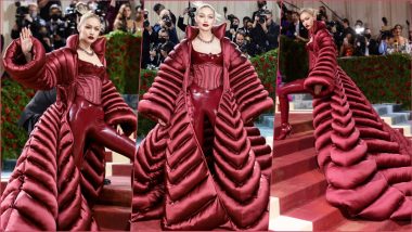 Gigi Hadid Met Gala 2022 Look: Supermodel Stuns in Wine Red Latex Catsuit and Puffer Coat (View Pics)