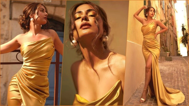 Stunner Hina Khan Slays in Satin Golden Gown at Cannes
