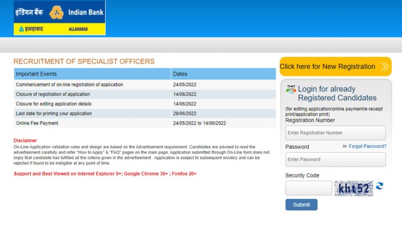 Indian Bank Recruitment 2022: Apply for 312 Specialist Officer Posts at ibps.in; Check Details Here