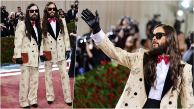 Jared Leto Twins With Gucci's Alessandro Michele in Matching Cream Tweed Tuxes at Met Gala 2022 Red Carpet