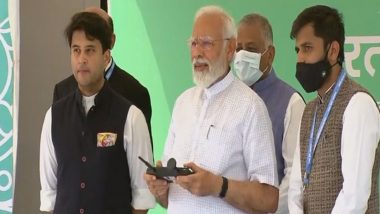Bharat Drone Mahotsav 2022: PM Narendra Modi Tries Hand at Flying Drone During Inauguration of Two-Day Festival at Pragati Maidan in Delhi (Watch Video)