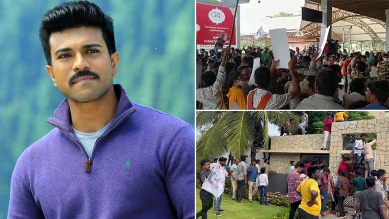 Ram Charan Fans Gather in Huge Numbers at Airport, Climb Hotel Walls to Get a Glimpse of Actor in Vizag (Watch Video)