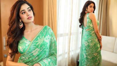 Janhvi Kapoor Glams Up for the Festivities in a Green Saree and Statement Earrings (View Pics)