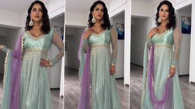 Sunny Leone Exudes Oomph in Her Eid Look Wearing a Cyan Coloured Gorgeous Lehenga (View Pics)