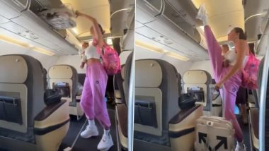 Cool Mom! Woman Closes Overhead Plane's Cabin With Foot While Carrying Baby in Hand; Watch Viral Video