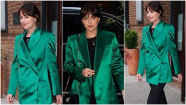 Yo or Hell No? Dakota Johnson in an Emerald Green Satin Jacket by Gucci
