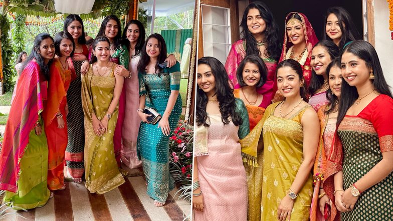 Rashmika Mandanna Looks Breathtakingly Beautiful as She Dons Silk Saree in Coorgi Style on Her Close Friend’s Wedding (View Pics)