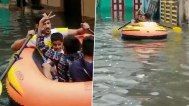 Telangana Rains: Locals Use Boat After Heavy Rainfall Cause Waterlogging in Several Areas in Hyderabad City (Watch Video)
