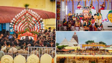 Snana Yatra 2022 Photos & Videos: See Lord Jagannath, Lord Balabhadra and Devi Subhadra During Dhadi Pahandi and Dhwaja Bandha Rituals on Debasnana Purnima From Shree Jagannath Temple in Puri
