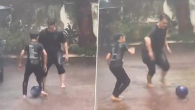Aamir Khan Plays Football With Son Azad Rao in Mumbai’s Heavy Rains (Watch Video)