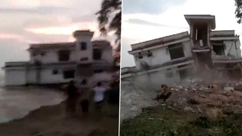 Assam Floods 2022: Part of Two-Storied Building of Bhangnamari Police Station Sinks Due to Flood in Nalbari District (Watch Video)