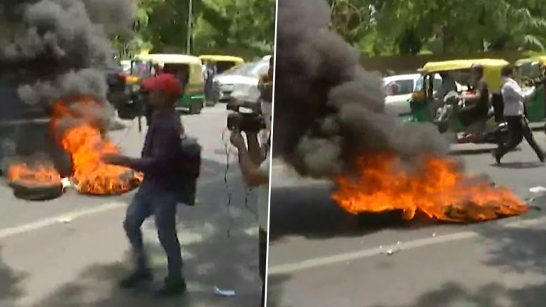 National Herald Case: Congress Workers Burn Tires Outside ED Office As Protests Escalate (Watch Video)