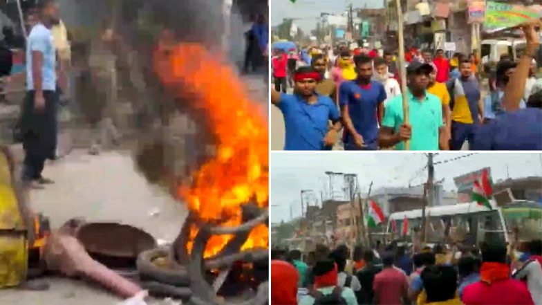 Agnipath Recruitment Row: Youth Burn Tyres, Vandalise Bus in Chhapra in Protest Against the New Recruitment Scheme of Indian Army; Watch Video