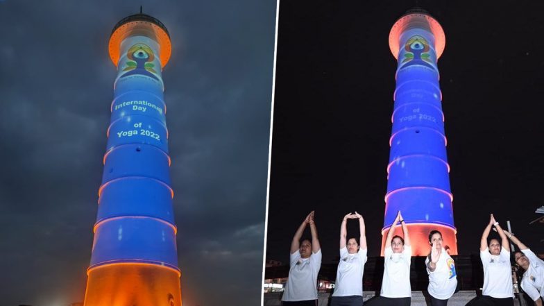 International Yoga Day 2022: Dharahara Tower in Kathmandu Illuminates With the Message of 'Yoga for Humanity' (See Pic)