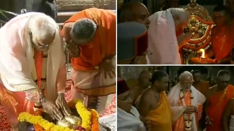 PM Narendra Modi Offers Prayers at Sri Chamundeshwari Temple in Karnataka's Mysuru (Watch Video)