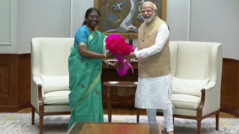 PM Narendra Modi Meets NDA Presidential Candidate Droupadi Murmu in Delhi (Watch Video)