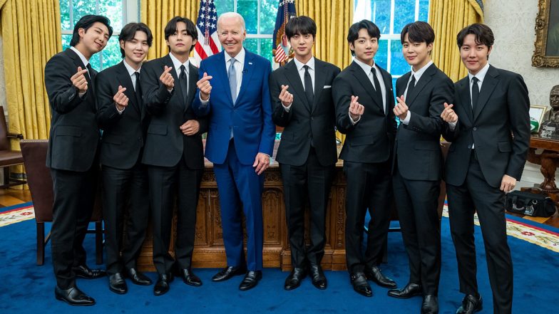 BTS Meets Joe Biden: K-Pop Boy Group Gives Famous Finger Heart With US President At The White House Oval Office (View Pics & Videos)