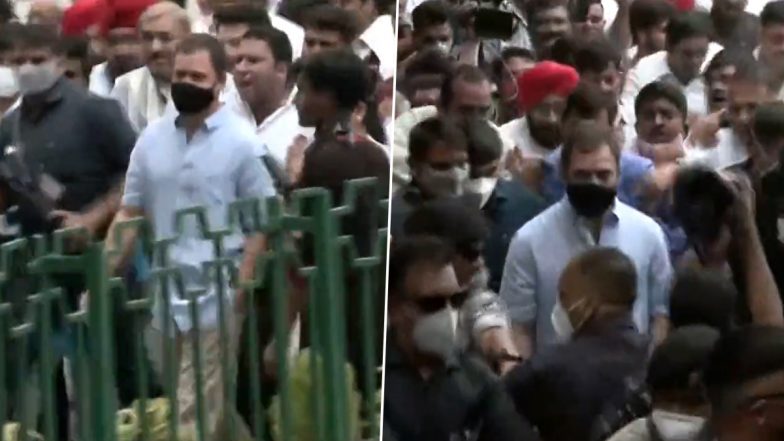 National Herald Case: Rahul Gandhi Accompanied by Congress Leaders March To ED Office (Watch Video)